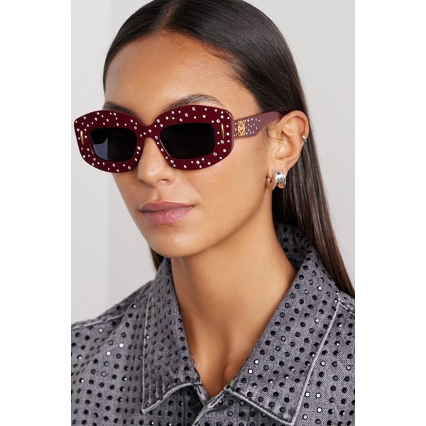 오버사이즈 스퀘어 프레임 크리스털 장식 아세테이트 선글라스 버건디 1647597332040822