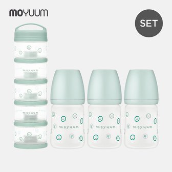 모윰 해피모어 에디션 150ml 세트 (실리콘 코팅 유리젖병 150ml 트리플팩+분유케이스 5단)