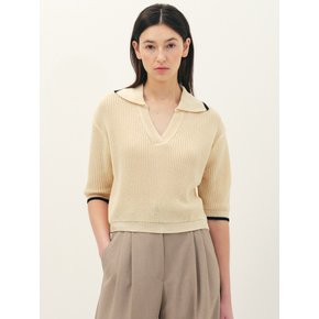 V-neck collar cotton knit top_cream