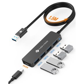 NOVOO USB 3.0, 4.9ft USB 5V2A PC, MacBook, 4포트 허브 연장 케이블, 어댑터, 전원 포트,