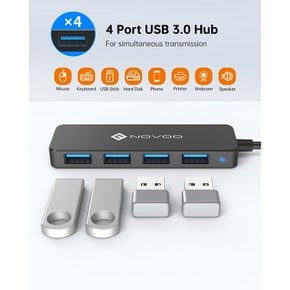 NOVOO USB 3.0, 4.9ft USB 5V2A PC, MacBook, 4포트 허브 연장 케이블, 어댑터, 전원 포트,