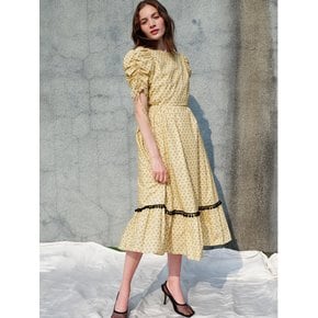 Enid Puff Sleeve Shirring Flower Cotton Dress_Yellow