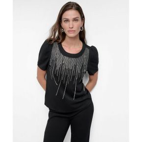 우먼 DKNY 디케이앤와이 크루넥 Embellished-Fringe 숏슬리브 반팔 탑 상의 - 블랙 9769867