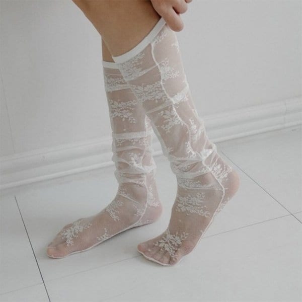 [옷자락] 여자 봄 여름 시스루 꽃자수 레이스 니삭스 양말