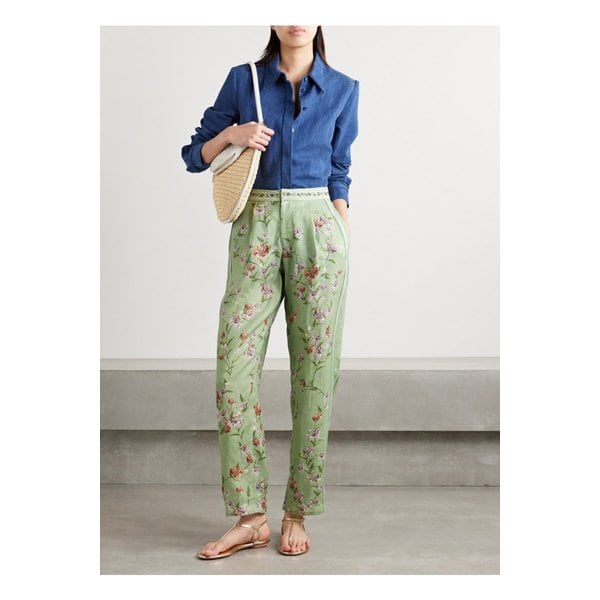 플로레세르 허니서클 플리츠 자수 플로럴 리넨 테이퍼드 팬츠 1647597352544444