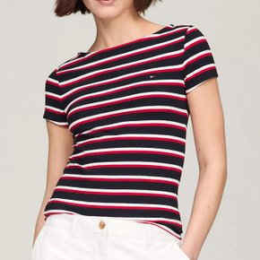 여성 보트넥 Stripe 반팔티셔츠 Navy Red