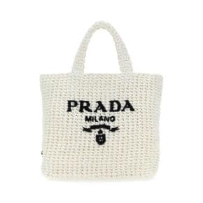 PRADA 여성 로고 라피아 크로셰 스몰 토트백