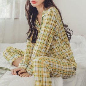 유채 체크 긴팔 카라 투피스 봄가을 여성잠옷 상하세트 옐로우