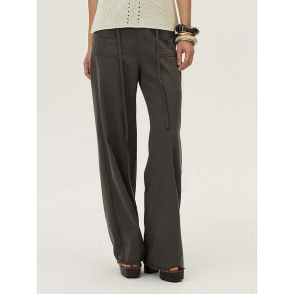 Frayed Embroidered Pocket Denim Pants, Charcoal