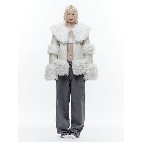 WIDE COLLAR LEATHER SHEARLING JACKET WHITE