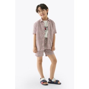 타미힐피거키즈 25년 S/S        T42F1HSH130BT2        시어서커 반팔 셔츠 (블루, 레드블루 체크)