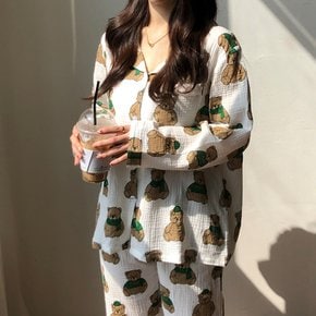/ 거즈면 100  곰돌이 순면 긴팔 데일리 잠옷 파자마