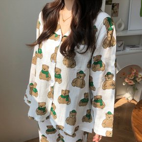 / 거즈면 100  곰돌이 순면 긴팔 데일리 잠옷 파자마
