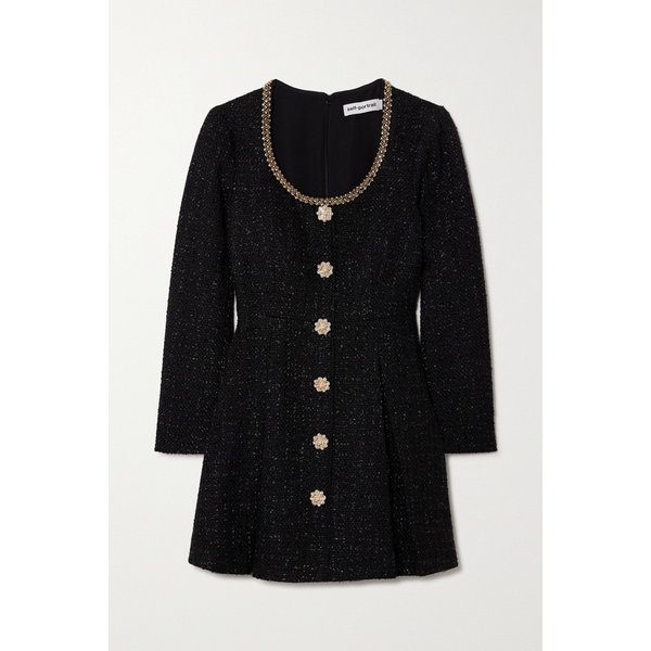 장식 플리츠 메탈릭 부클레 트위드 미니 드레스 블랙 1647597324583906