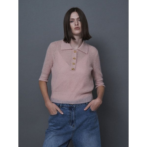 Italy Mohair Gold Button Knit - Pink