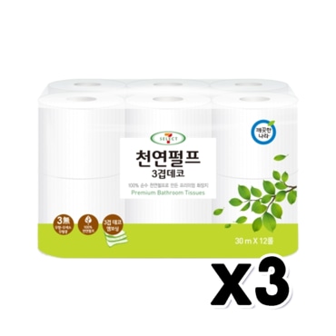  세븐일레븐 천연펄프 3겹데코 화장지 30m 12롤 x 3개