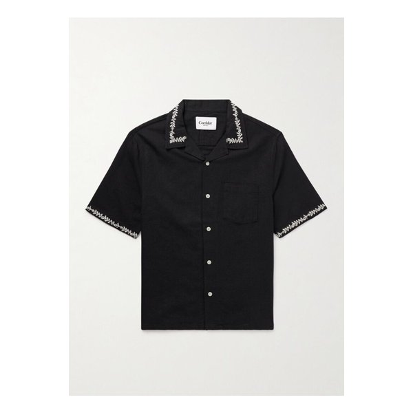 코리더 컨버터블 칼라 자수 리넨 코튼 혼방 보일 셔츠 블랙 1647597357080225