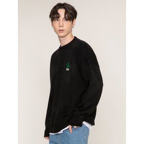 [UNISEX]드로잉 선인장 자수 라운드 니트_블랙