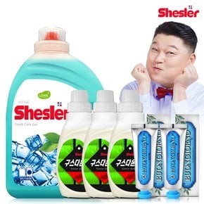 강호동의 쉬슬러 액상 세제 후레쉬 3.05L 1개+구스다운워시전용 650ml 3개+치석케어 치약 100g 2개.