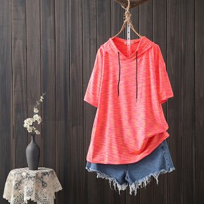 투톤 후드 반팔티 오버핏 여성 캐주얼 데일리 여름