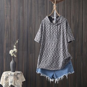 투톤 후드 반팔티 오버핏 여성 캐주얼 데일리 여름