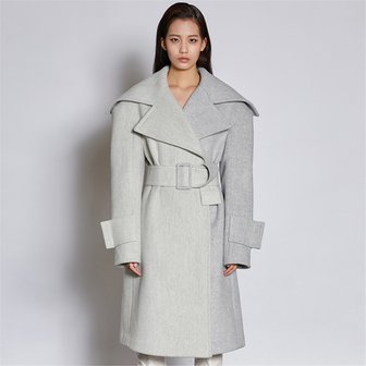 KUMANN [쿠만] Light gray two tone herringbone double breasted belted wool blended coat