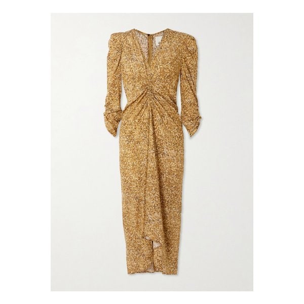 알비니 프린트 개더 실크 혼방 미디 드레스 브라운 46376663162889830