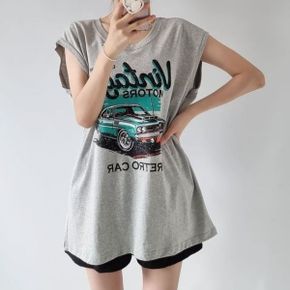 빈티지카나염 라운드박스 롱나시티셔츠 여름데일리 레터링 루즈핏민소매 면캐주얼_P395052160