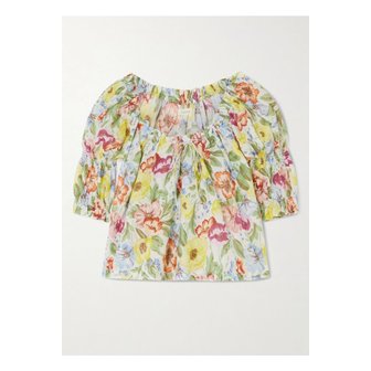 D&Ocirc;EN 도엔 이네즈 개더 플로럴 프린트  코튼 보일 블라우스 그린 1647597357417909