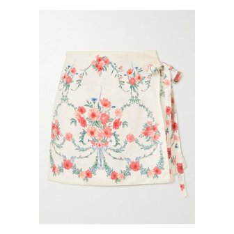 아구아벤디타 루나 모스퀘타 플로럴 프린트 리넨 미니 랩 스커트 화이트 46376663162866625