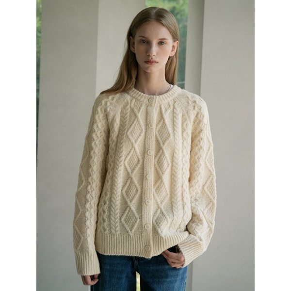 Wool Fisherman Knit Cardigan (cream beige)