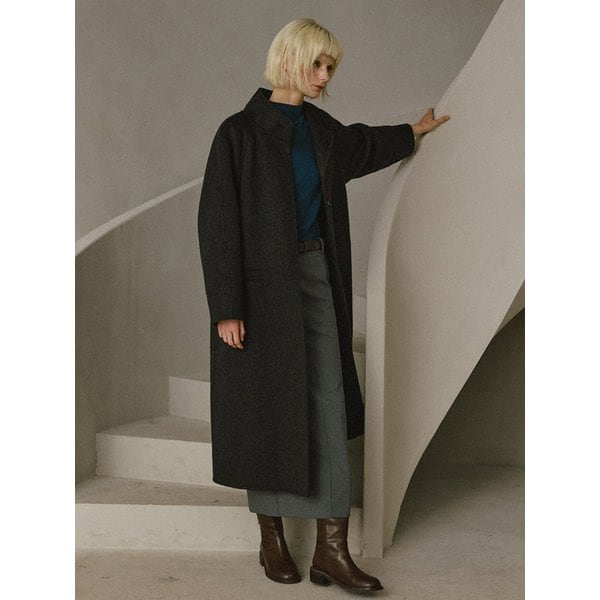 캐시미어 핸드메이드 하이넥 롱 코트 [차콜]
