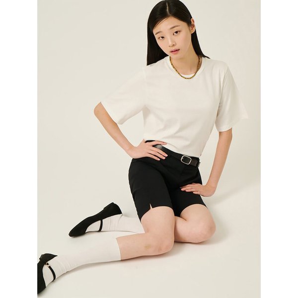 밑단 스트링 반소매 티셔츠  화이트 (BF5742C021)