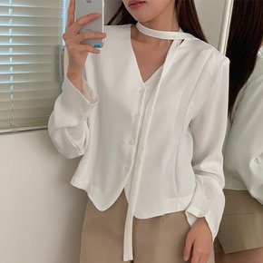 타이 단추 가디건 긴팔 블라우스