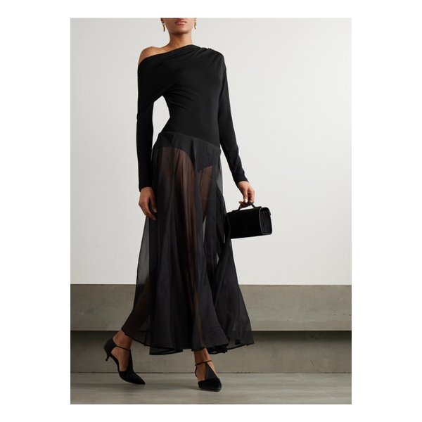 에어 트위스트 비대칭 컷아웃 스트레치 니트 실크 오간자 맥시 드레스 블랙 1647597357707763
