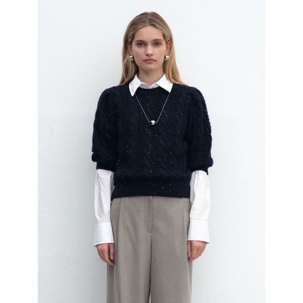 캐시 스팽글 볼륨소매 풀오버_네이비