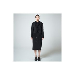 Denim Color Combination Wool Long Coat Black