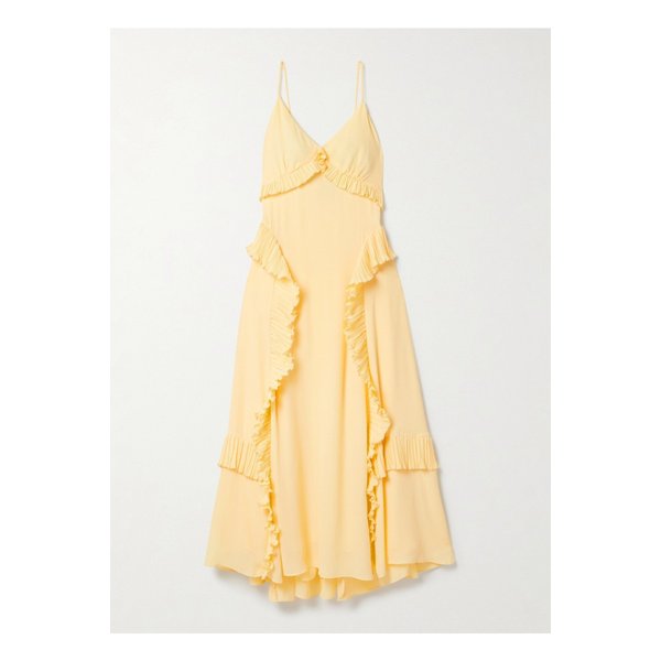 데릴라 러플 플리세 트리밍 크레이프 드 신 미디 드레스 파스텔 옐로 1647597360063049