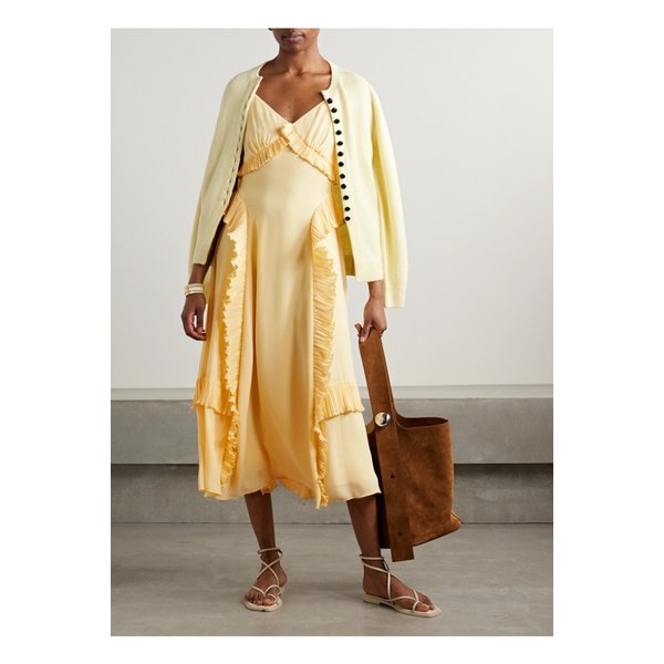 데릴라 러플 플리세 트리밍 크레이프 드 신 미디 드레스 파스텔 옐로 1647597360063049