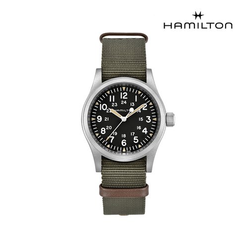 해밀턴 H69439931 카키 필드 메카니컬 38mm 다크 다이얼 카키 나토 스트랩 남성 시계