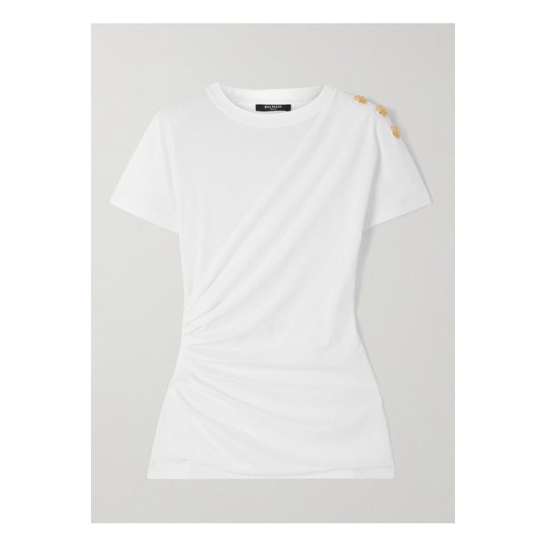 버튼 장식 드레이프 프린트 코튼 저지 티셔츠 화이트 46376663162910926