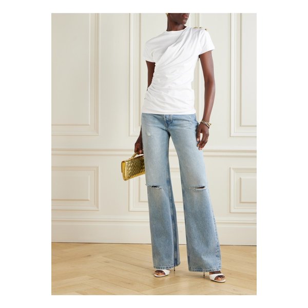 버튼 장식 드레이프 프린트 코튼 저지 티셔츠 화이트 46376663162910926