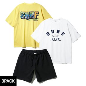 [3PACK] 앨빈클로 BEACH IN SURF CLUB 오버핏 반팔티 코튼 밴딩 스웨트 반바지 셋업 3종 패키지