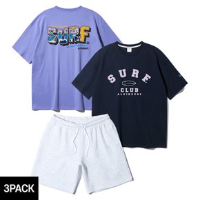 [3PACK] 앨빈클로 BEACH IN SURF CLUB 오버핏 반팔티 코튼 밴딩 스웨트 반바지 셋업 3종 패키지