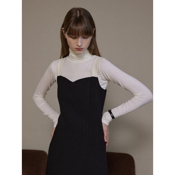 [단독] Strap coloring stitch long dress - black