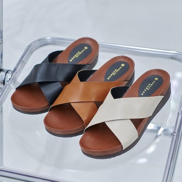 [옷자락] 여자 무지컬러 탄탄가죽 크로스 스트랩 샌들