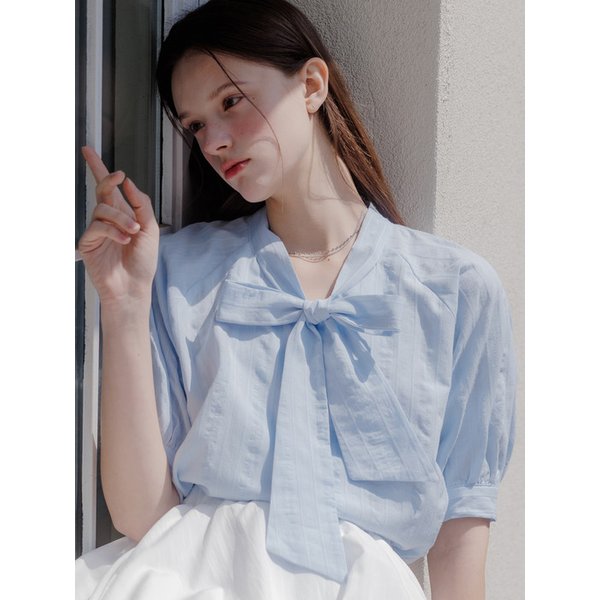 코튼반팔타이블라우스 블루AD457
