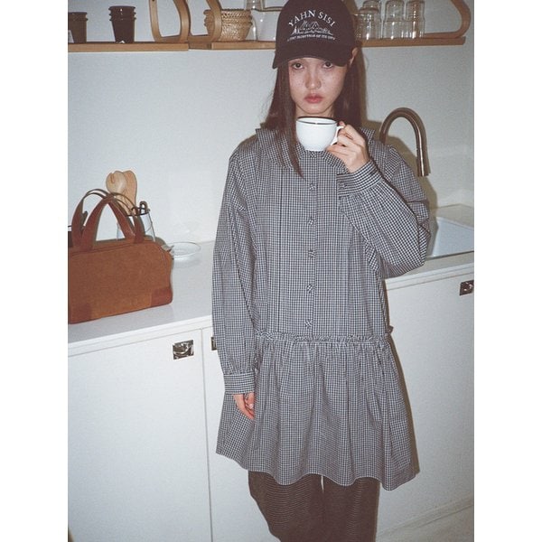 체크 라운드 칼라 드레스 - 네이비