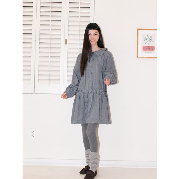 체크 라운드 칼라 드레스 - 네이비