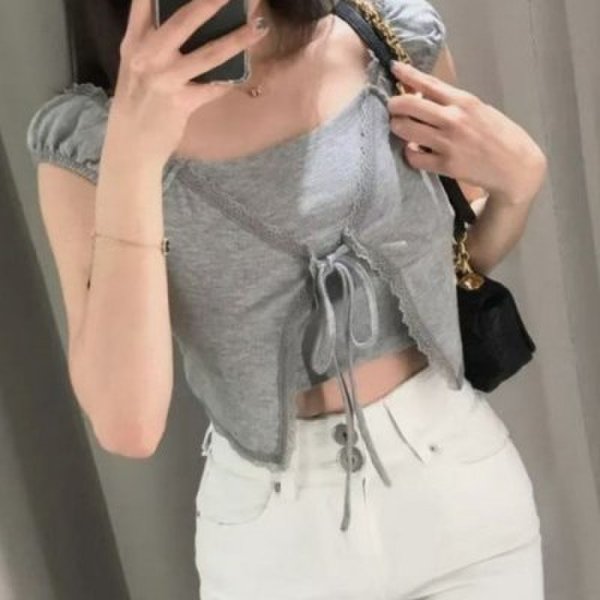 확대된 대표 [홍은]레이스 셔링 리본 크롭 나시 슬림핏 민소매